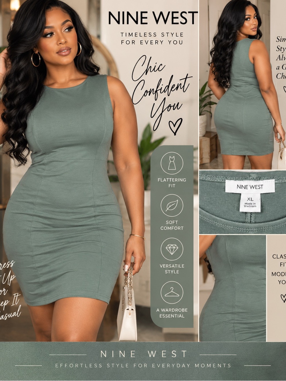 Nine West Sage Green Sleeveless Bodycon Dress size XL